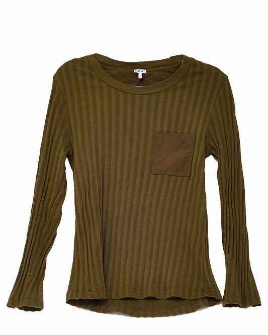 Loewe Khaki Green Ribbed Cotton Anagram Pocket Long Sleeve Top - L