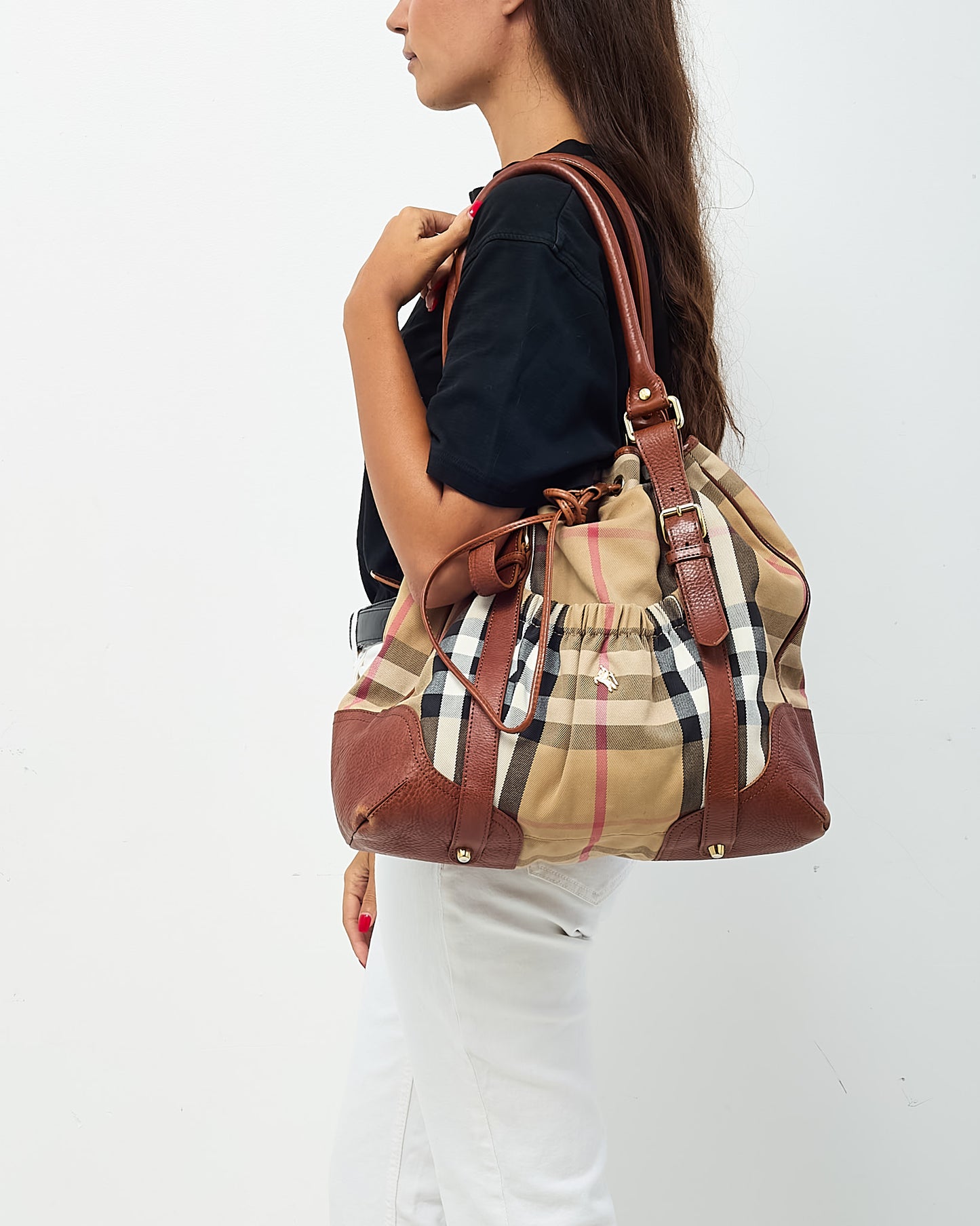 Burberry Brown Leather and Beige House Check Canvas Drawstring Shoulder Bag