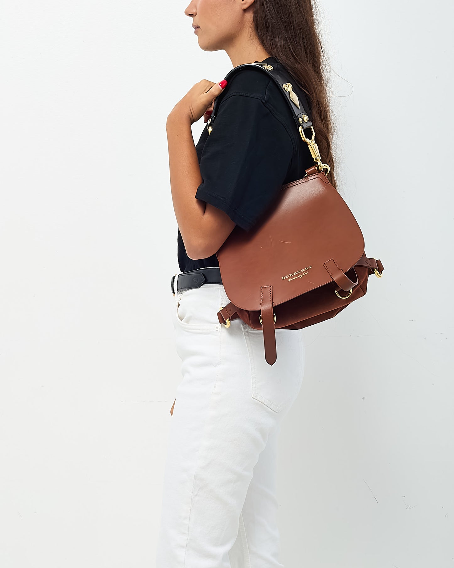 Burberry Brown Leather and Black Leather Studded Strap Bridle Saddle Bag