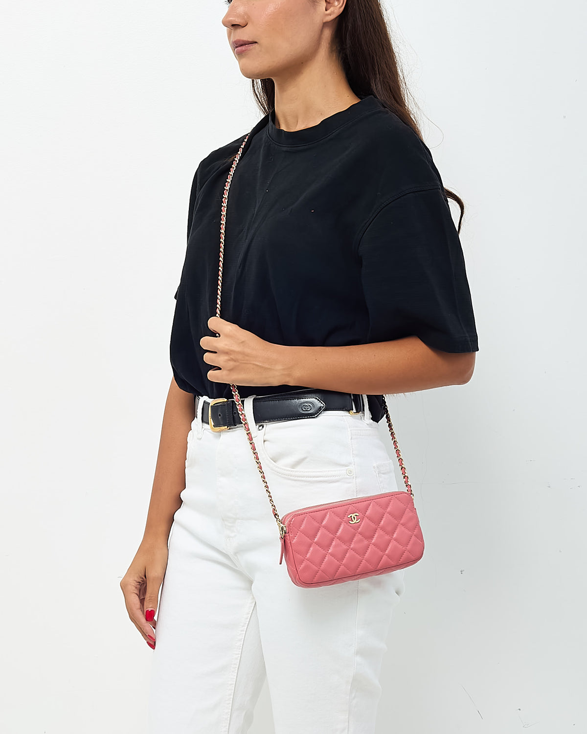 Chanel Pink Caviar Leather Double Zip Clutch with Chain GHW