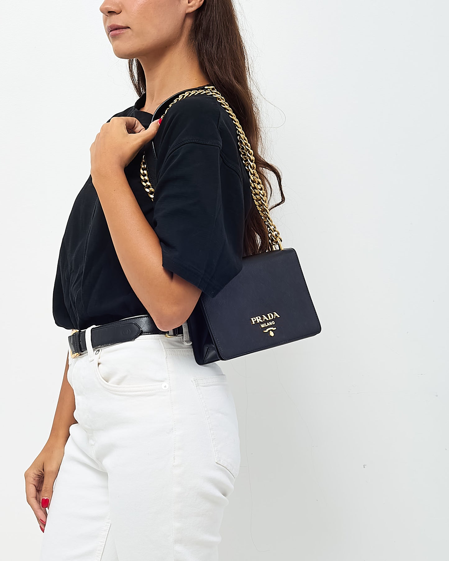 Prada Black Saffiano Lux Leather Small Square Flap Logo Chain Crossbody Bag