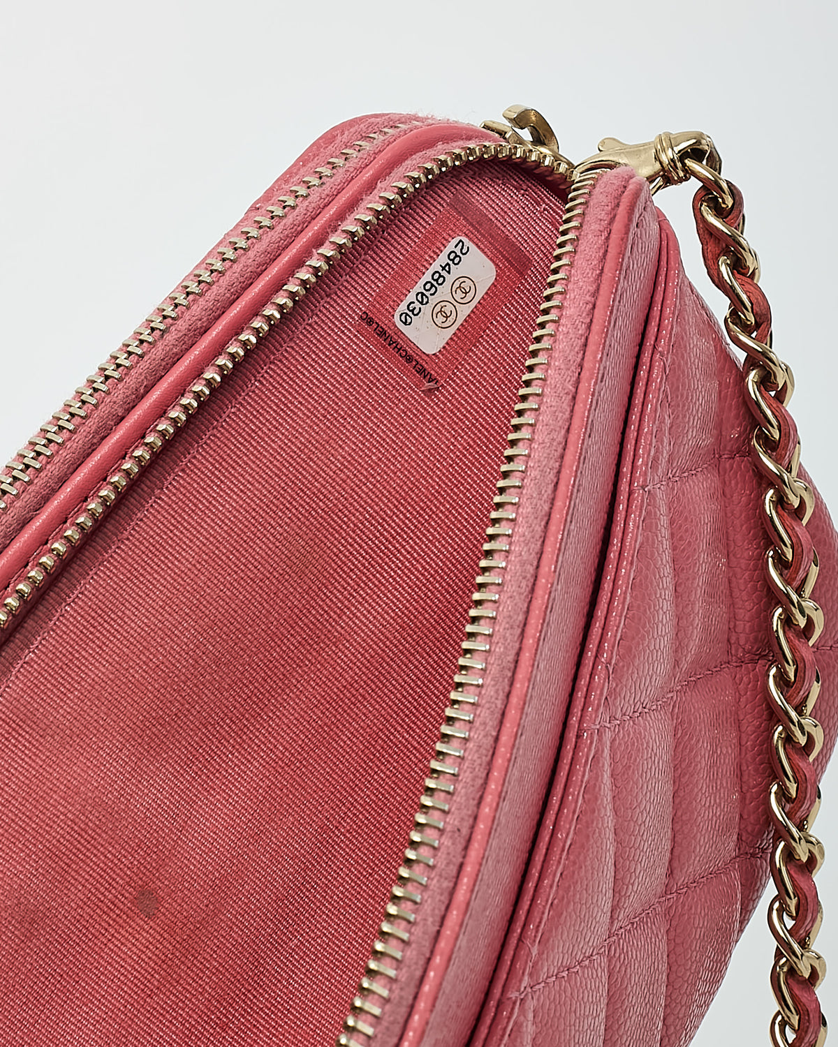 Chanel Pink Caviar Leather Double Zip Clutch with Chain GHW