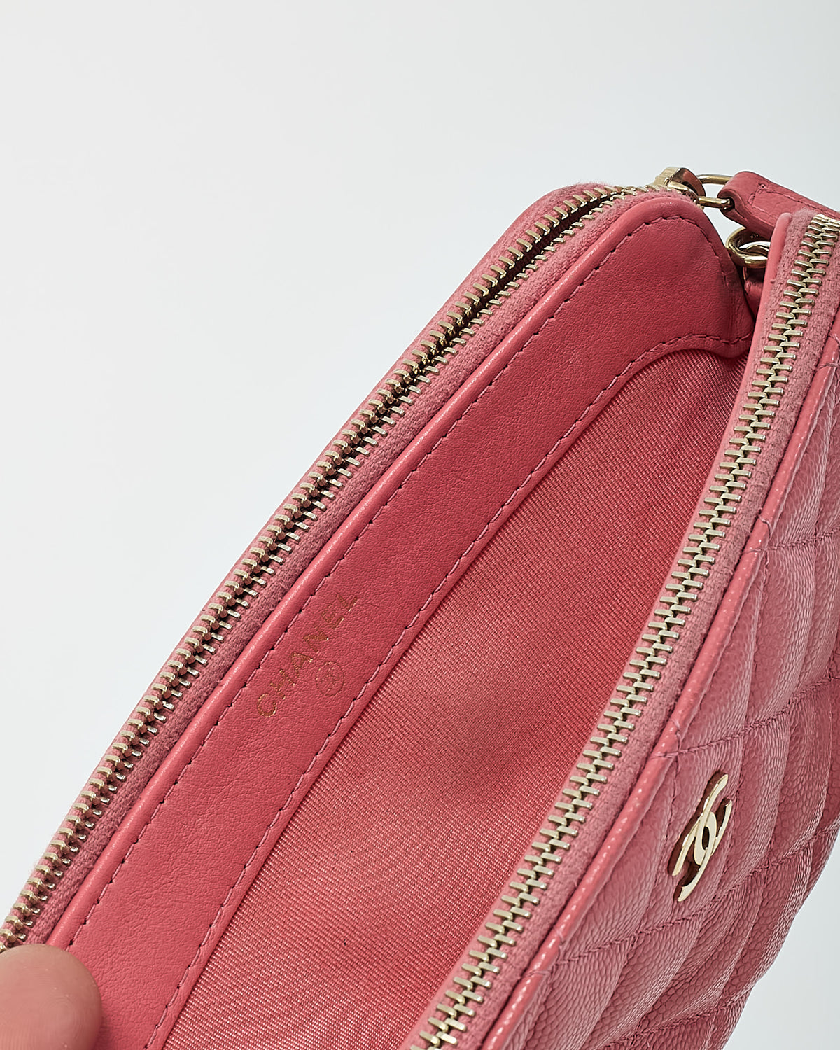 Chanel Pink Caviar Leather Double Zip Clutch with Chain GHW