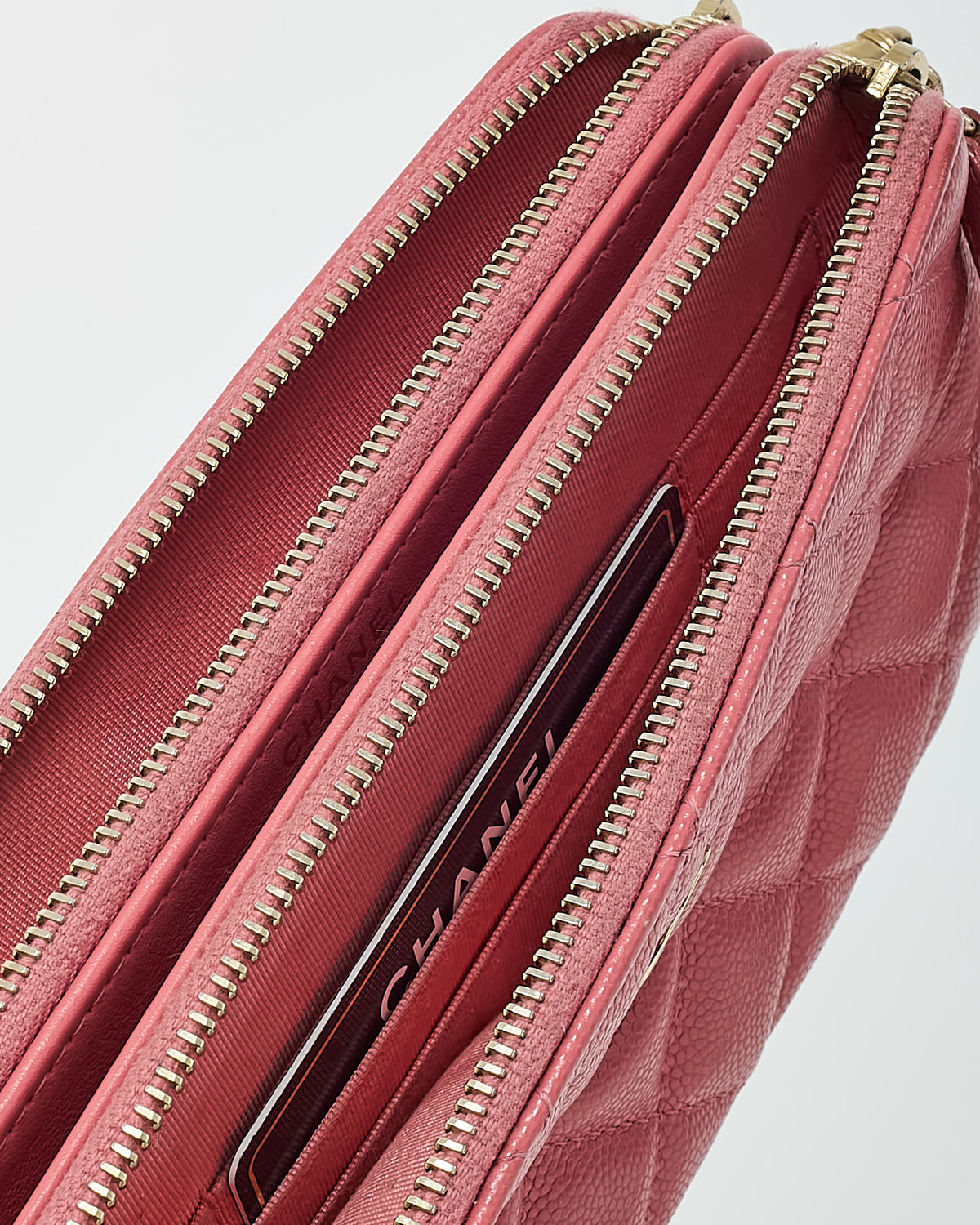 Chanel Pink Caviar Leather Double Zip Clutch with Chain GHW