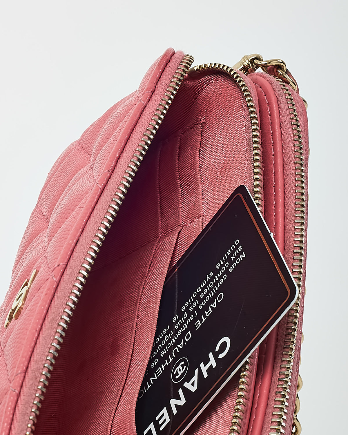 Chanel Pink Caviar Leather Double Zip Clutch with Chain GHW