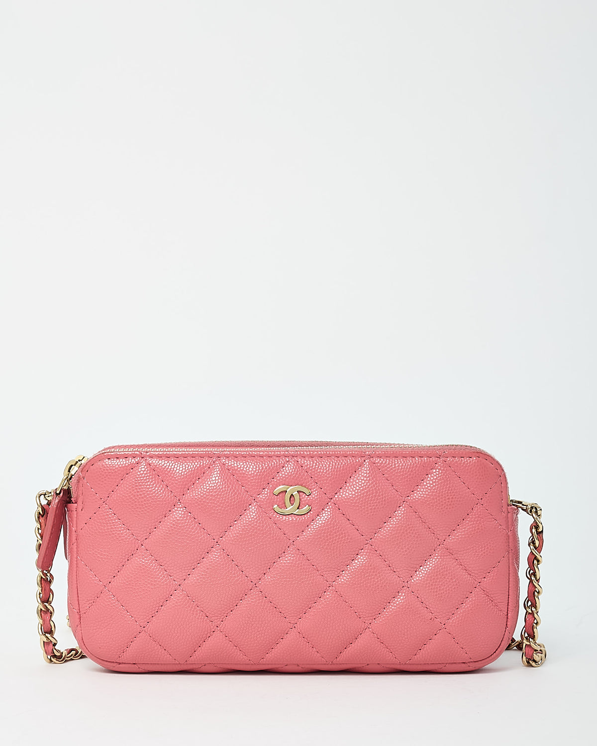 Chanel Pink Caviar Leather Double Zip Clutch with Chain GHW