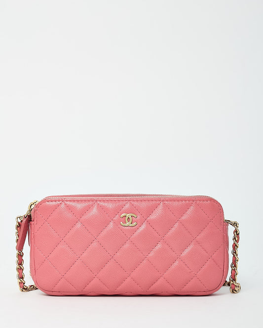 Chanel Pink Caviar Leather Double Zip Clutch with Chain GHW