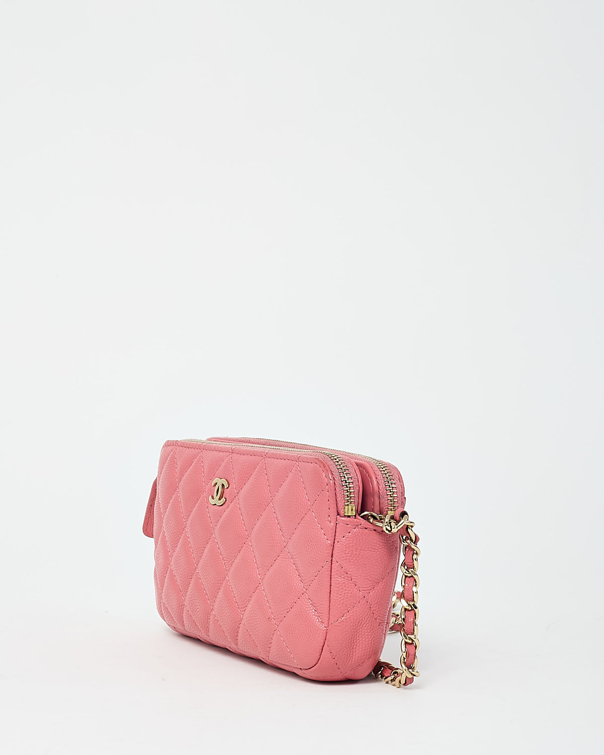 Chanel Pink Caviar Leather Double Zip Clutch with Chain GHW