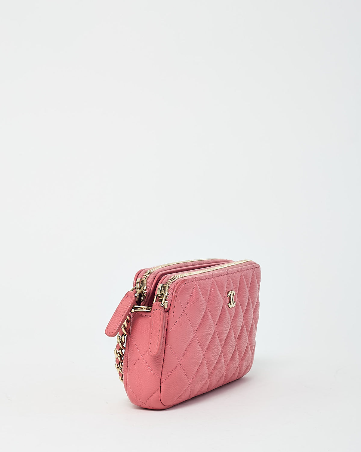 Chanel Pink Caviar Leather Double Zip Clutch with Chain GHW