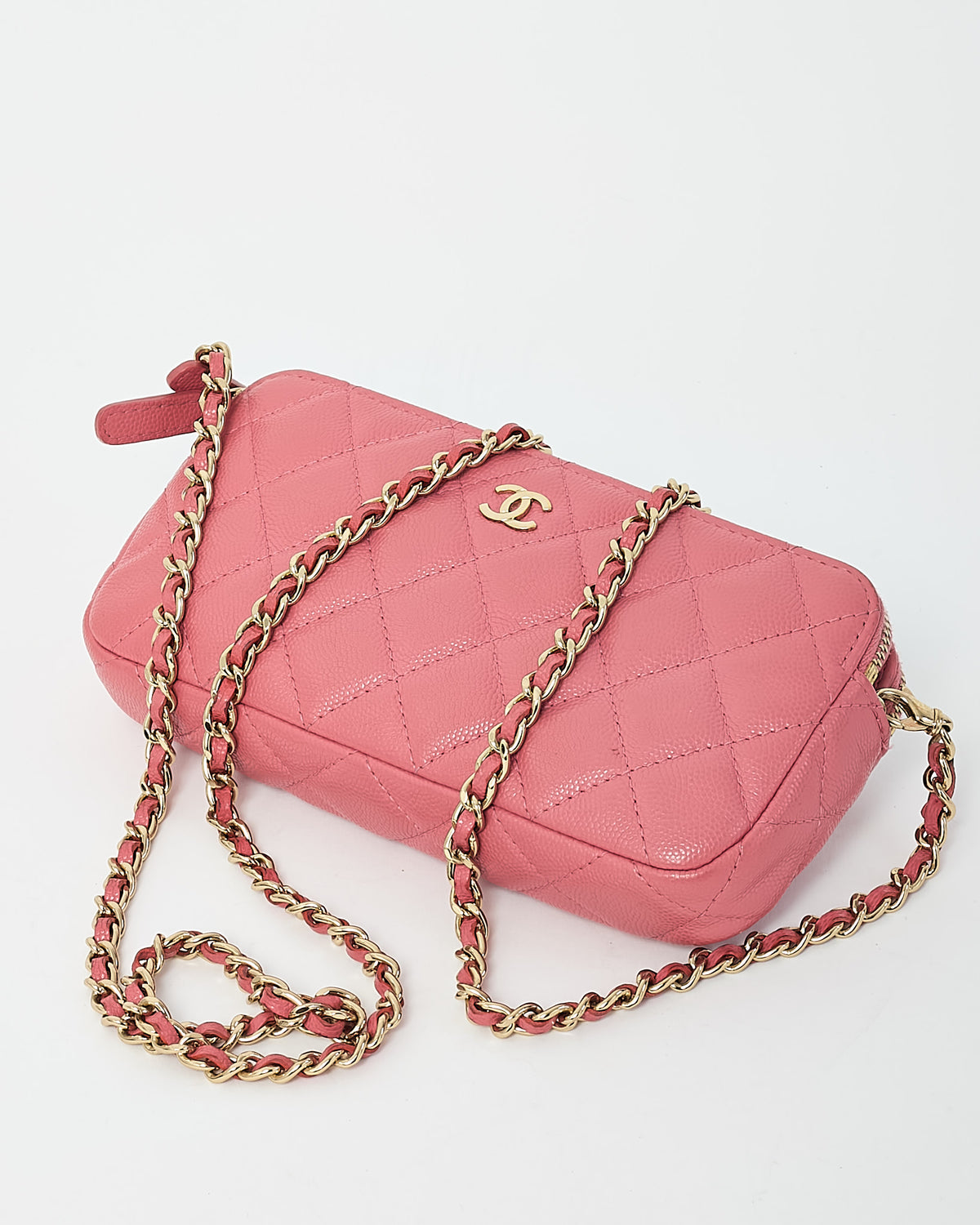 Chanel Pink Caviar Leather Double Zip Clutch with Chain GHW