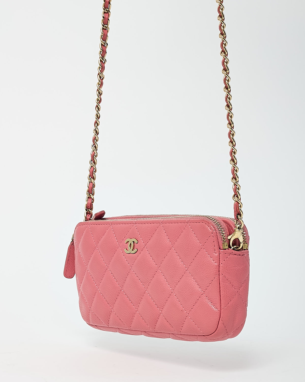 Chanel Pink Caviar Leather Double Zip Clutch with Chain GHW