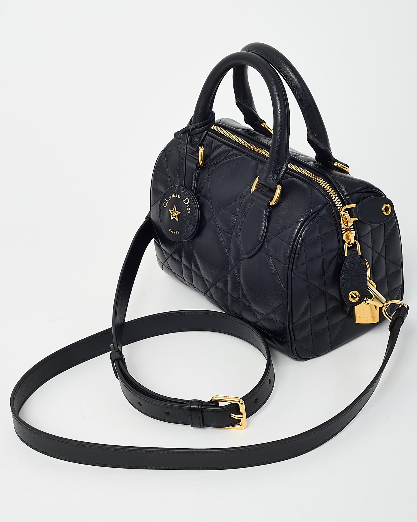Dior Black Macrocannage Leather Soft Groove 20 Bowler Bag with Strap