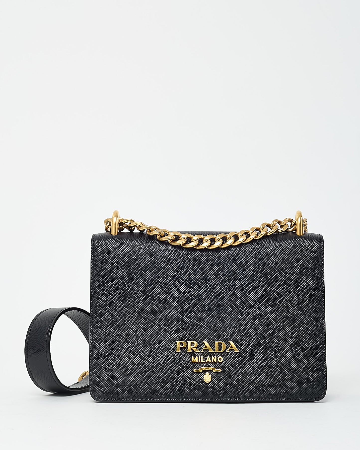 Prada Black Saffiano Lux Leather Small Square Flap Logo Chain Crossbody Bag