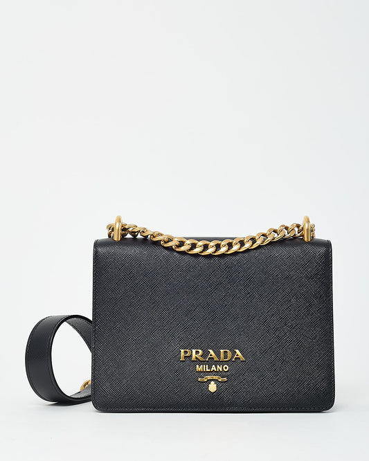 Prada Black Saffiano Lux Leather Small Square Flap Logo Chain Crossbody Bag