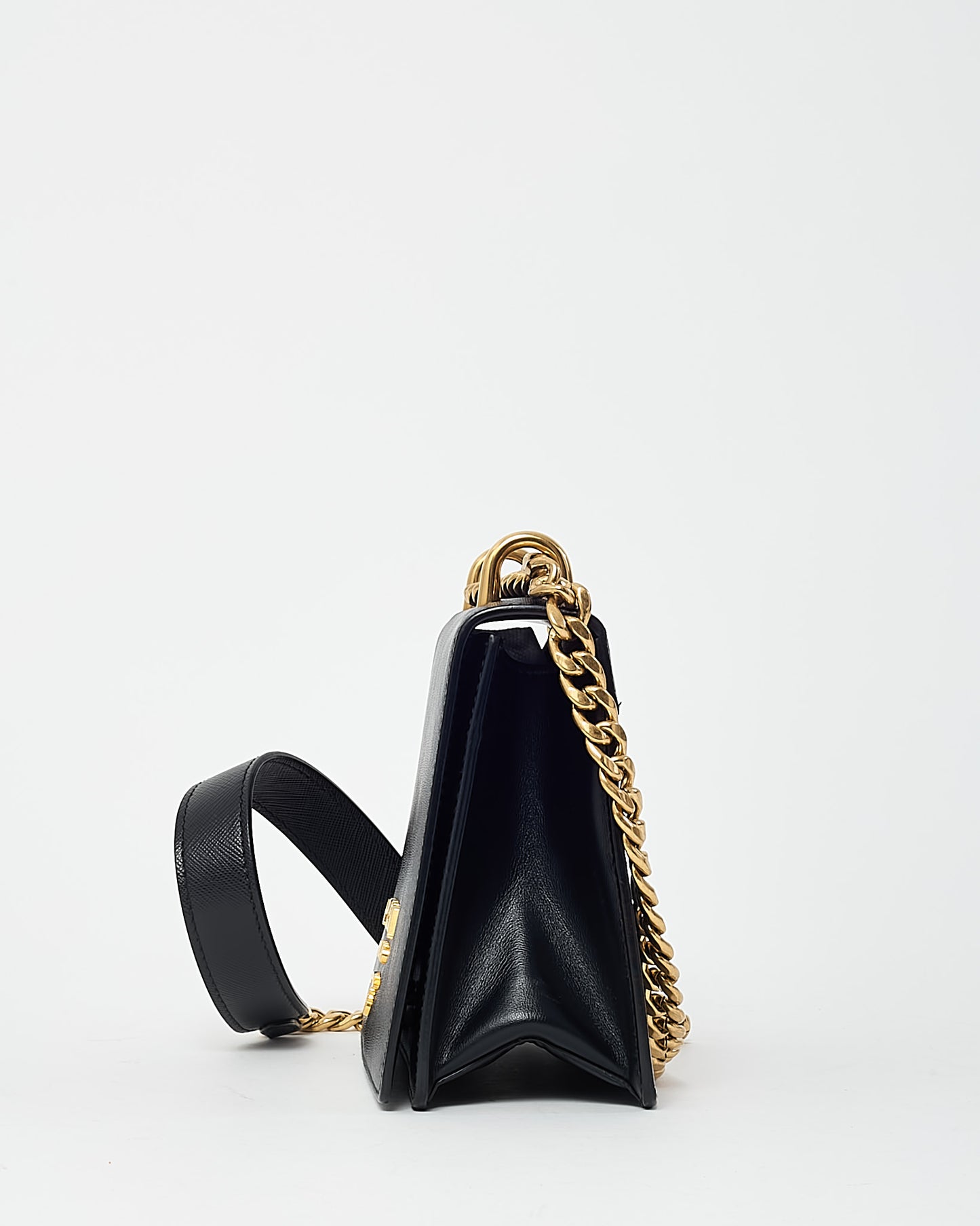 Prada Black Saffiano Lux Leather Small Square Flap Logo Chain Crossbody Bag