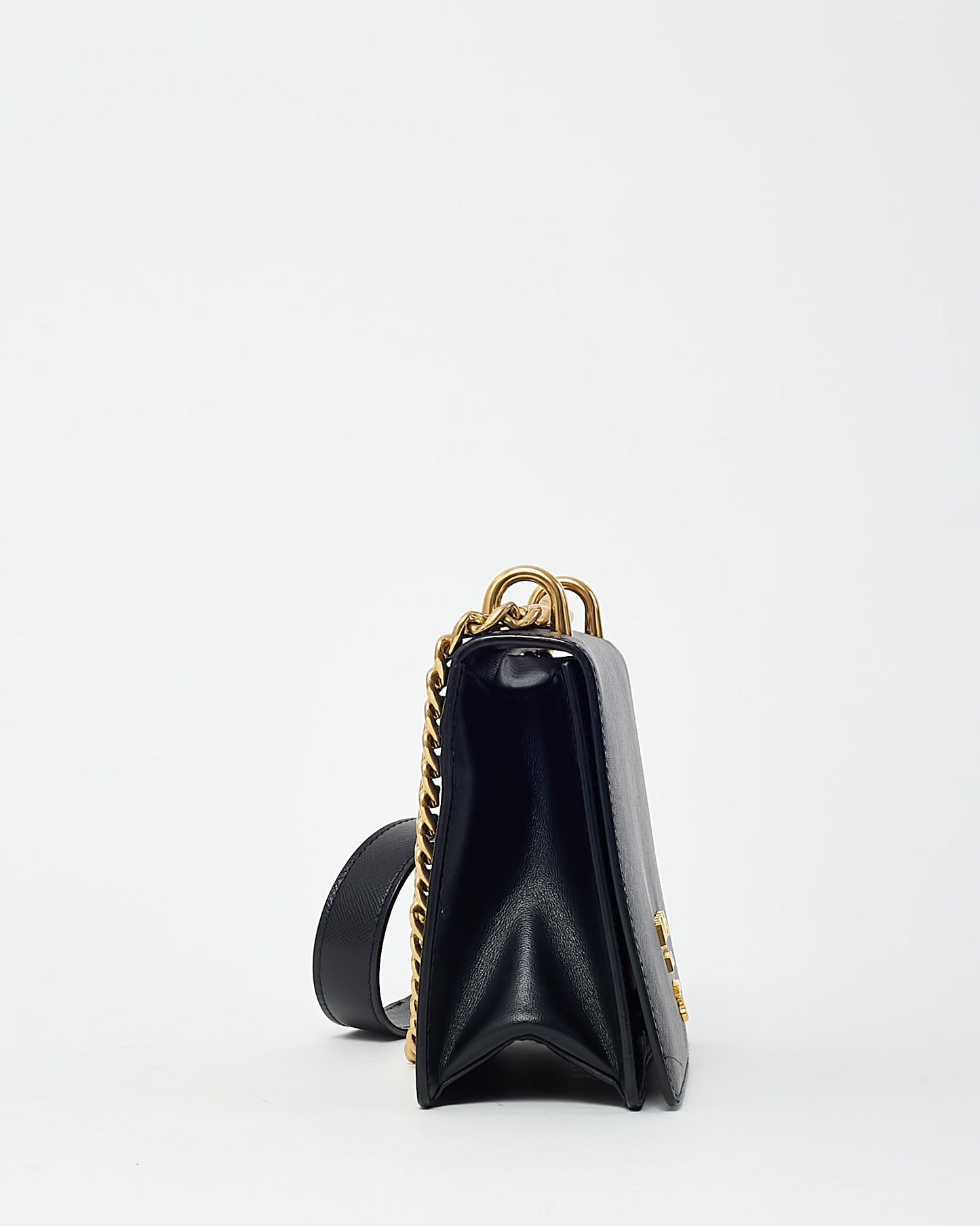 Prada Black Saffiano Lux Leather Small Square Flap Logo Chain Crossbody Bag