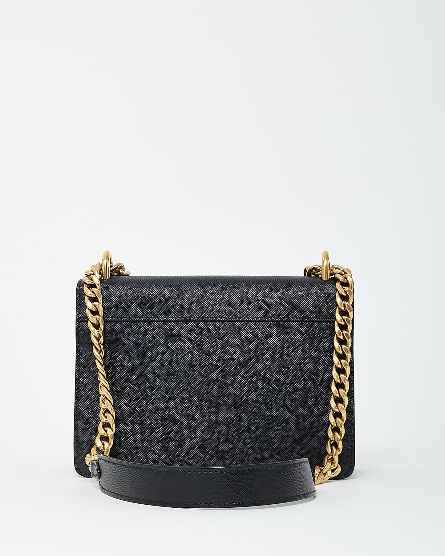 Prada Black Saffiano Lux Leather Small Square Flap Logo Chain Crossbody Bag