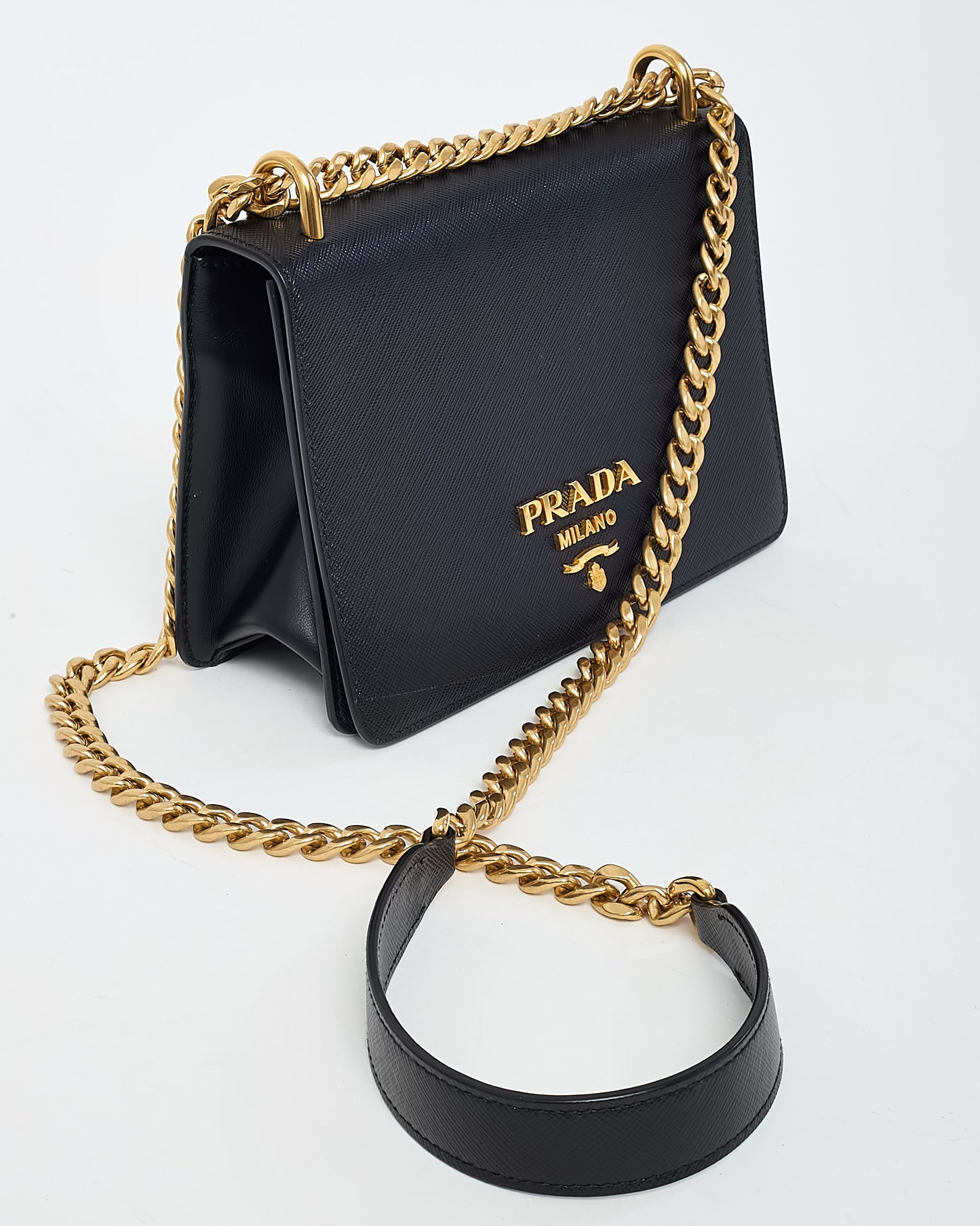 Prada Black Saffiano Lux Leather Small Square Flap Logo Chain Crossbody Bag