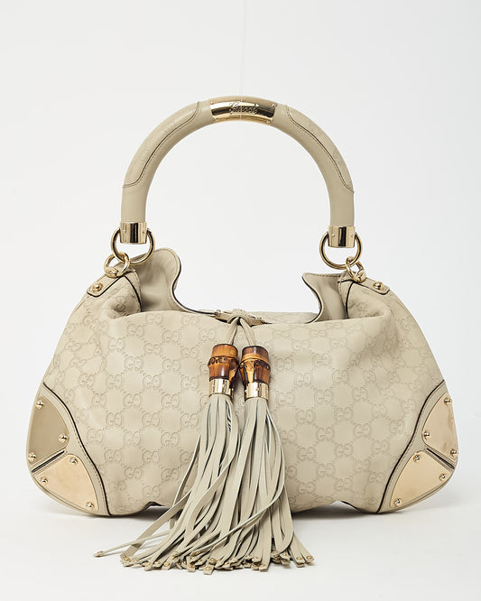 Gucci Ivory Monogram Guccissima Leather Medium Bamboo Indy Tassel Hobo Shoulder Bag
