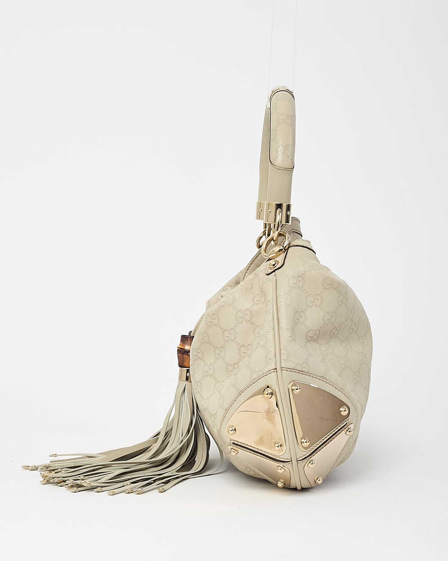 Gucci Ivory Monogram Guccissima Leather Medium Bamboo Indy Tassel Hobo Shoulder Bag