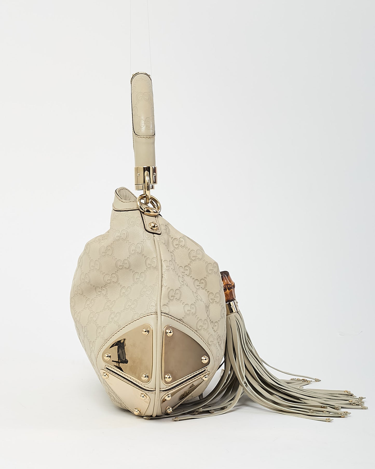 Gucci Ivory Monogram Guccissima Leather Medium Bamboo Indy Tassel Hobo Shoulder Bag
