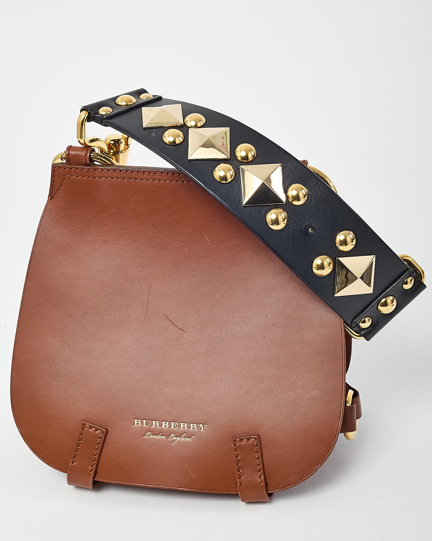 Burberry Brown Leather and Black Leather Studded Strap Bridle Saddle Bag