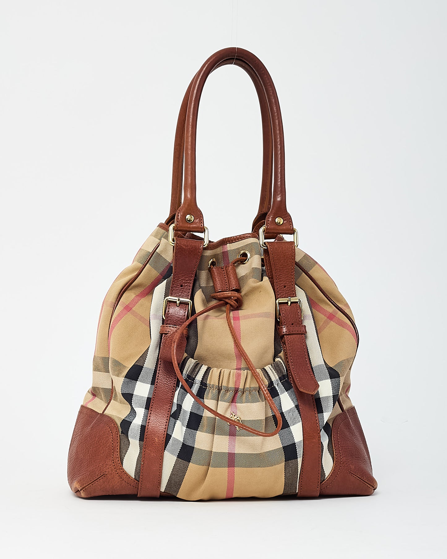 Burberry Brown Leather and Beige House Check Canvas Drawstring Shoulder Bag