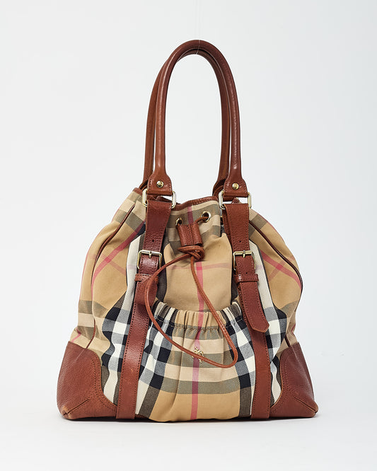 Burberry Brown Leather and Beige House Check Canvas Drawstring Shoulder Bag