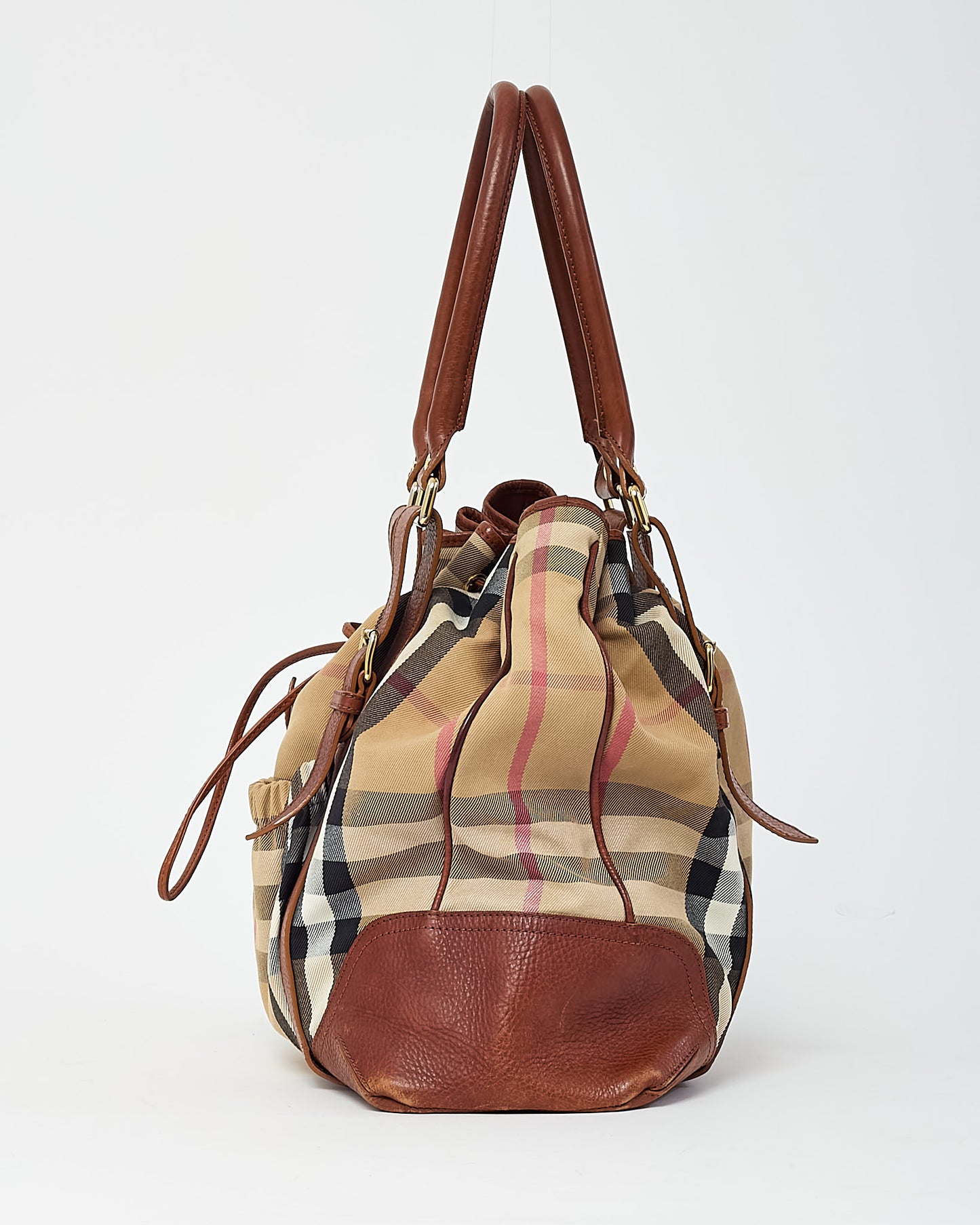 Burberry Brown Leather and Beige House Check Canvas Drawstring Shoulder Bag