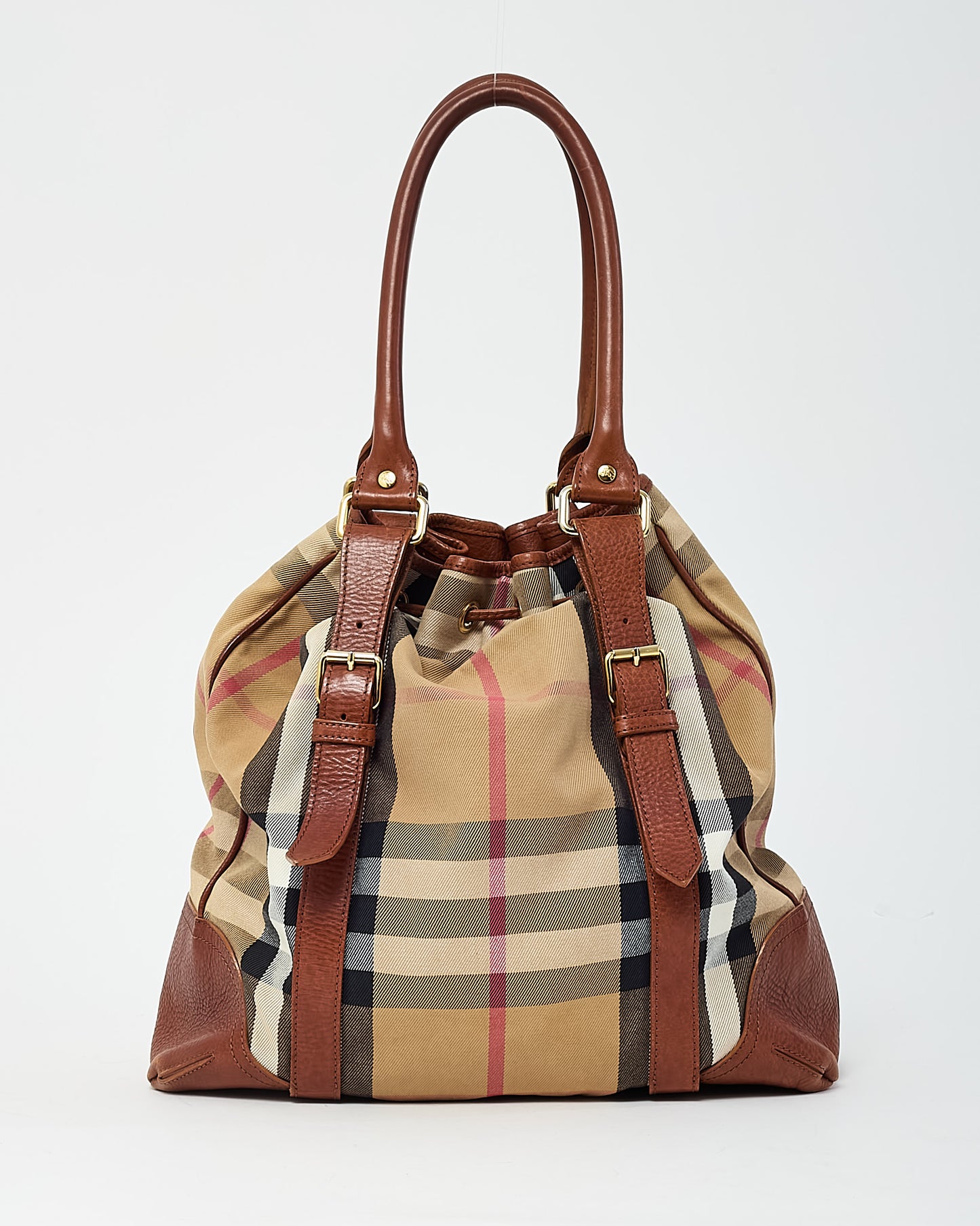 Burberry Brown Leather and Beige House Check Canvas Drawstring Shoulder Bag