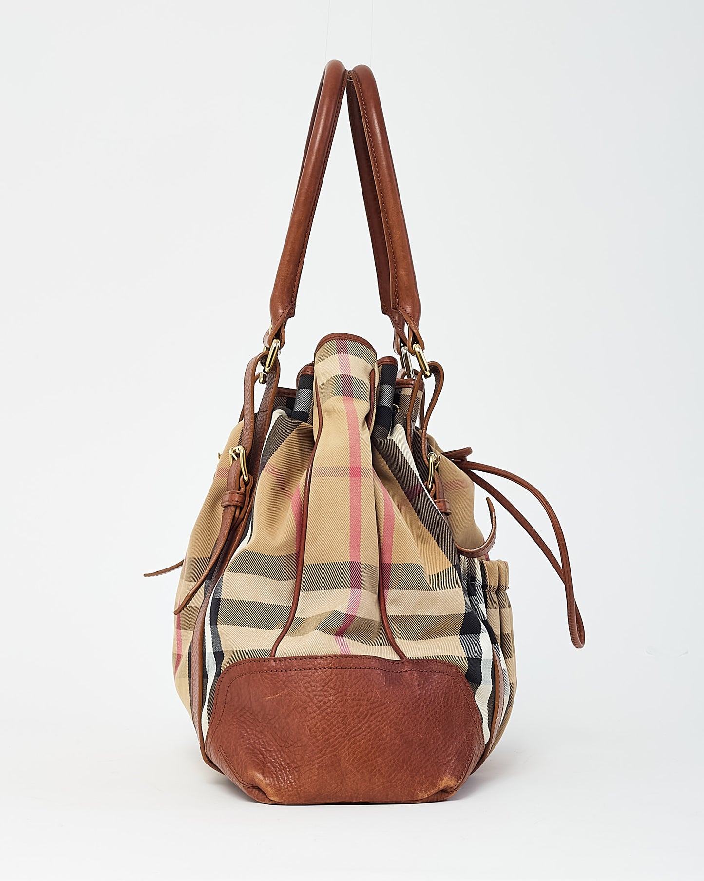 Burberry Brown Leather and Beige House Check Canvas Drawstring Shoulder Bag