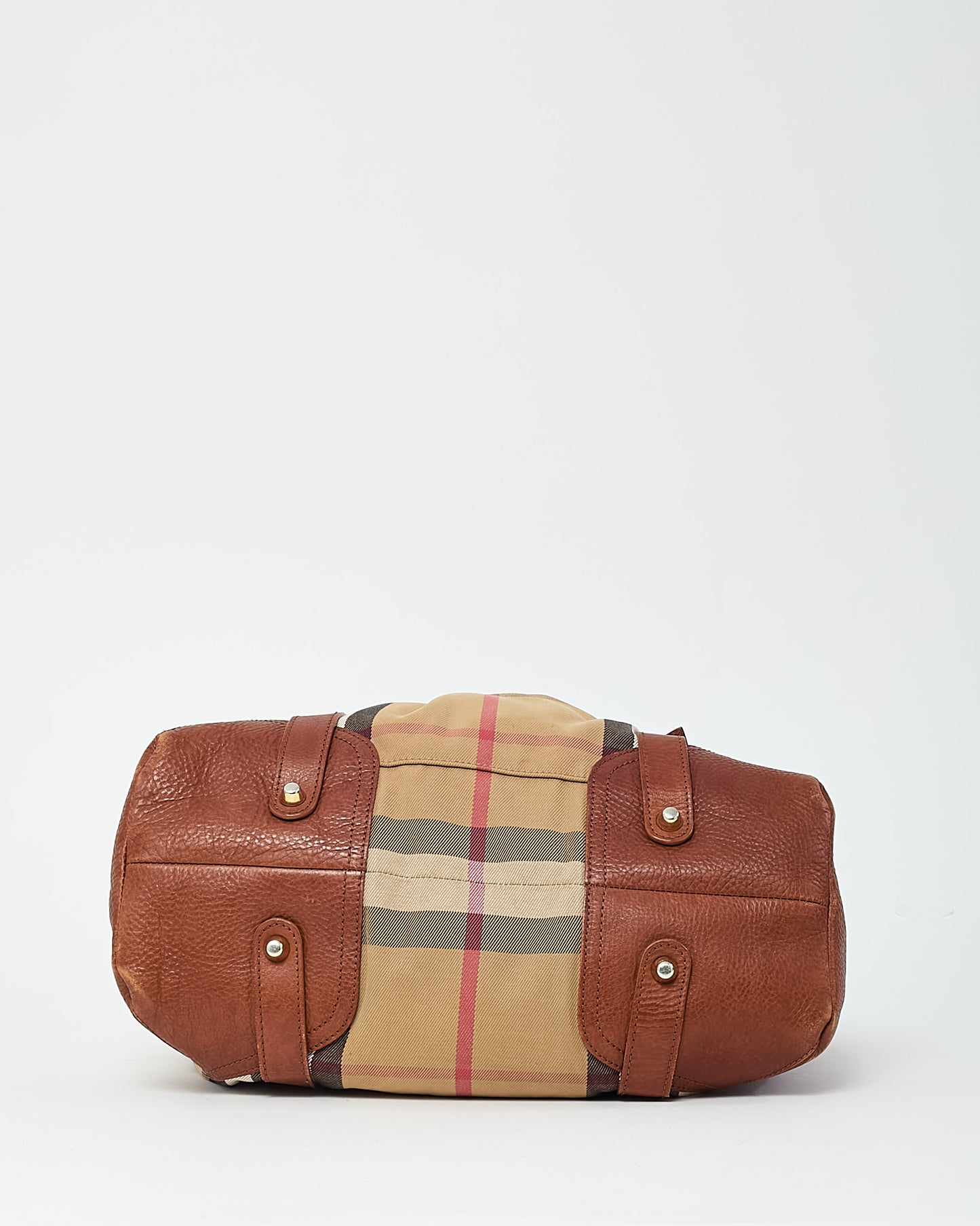 Burberry Brown Leather and Beige House Check Canvas Drawstring Shoulder Bag