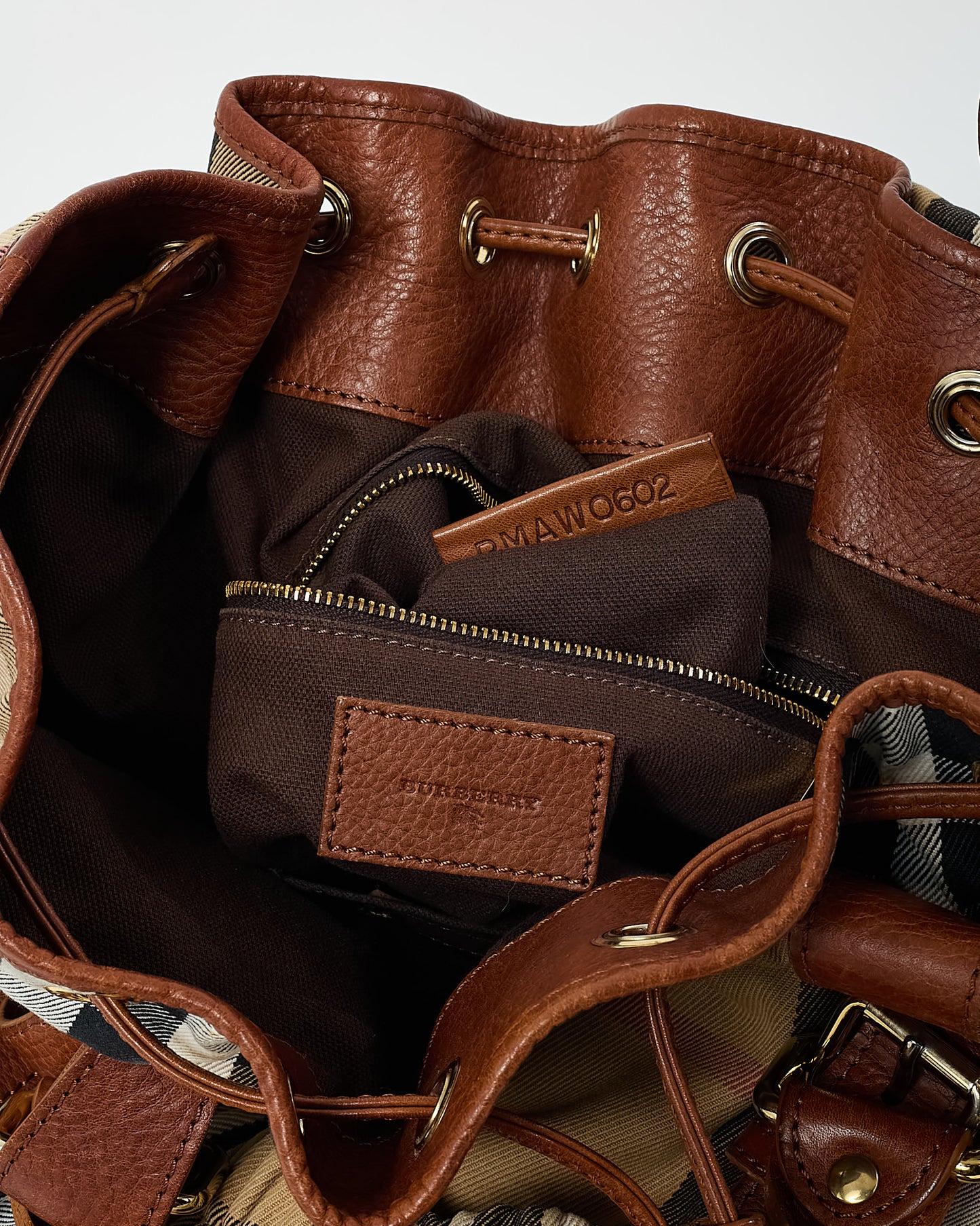 Burberry Brown Leather and Beige House Check Canvas Drawstring Shoulder Bag