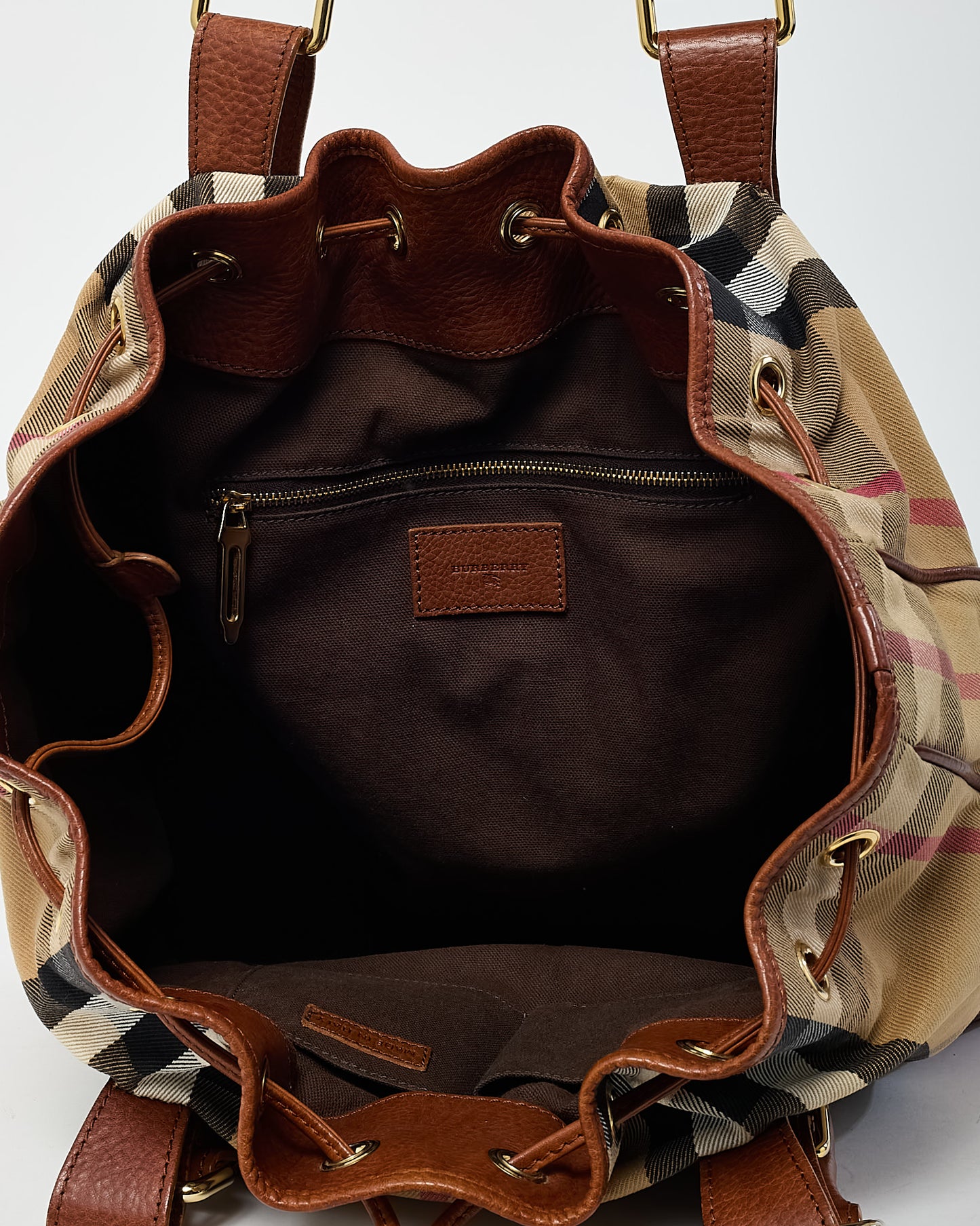 Burberry Brown Leather and Beige House Check Canvas Drawstring Shoulder Bag