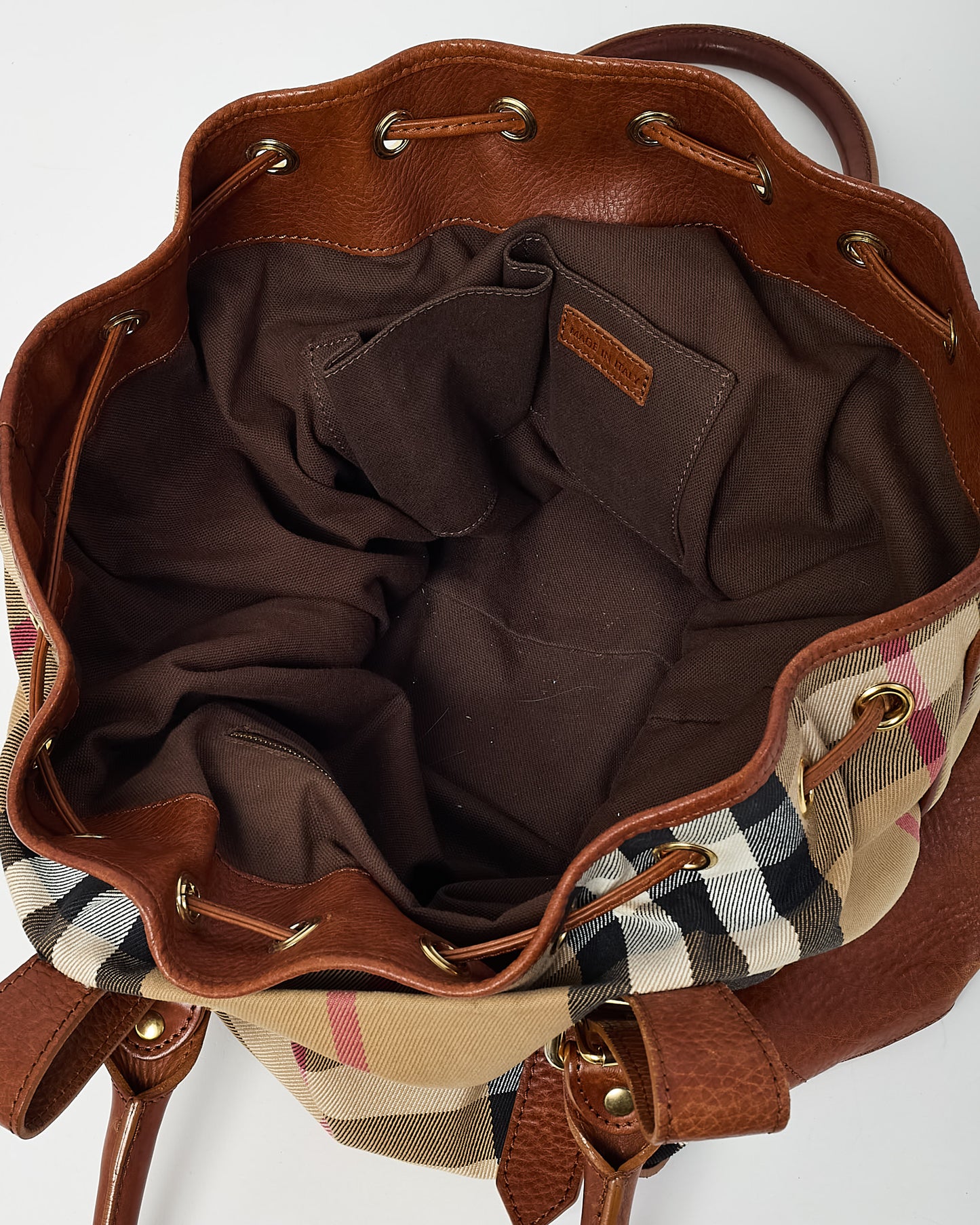 Burberry Brown Leather and Beige House Check Canvas Drawstring Shoulder Bag