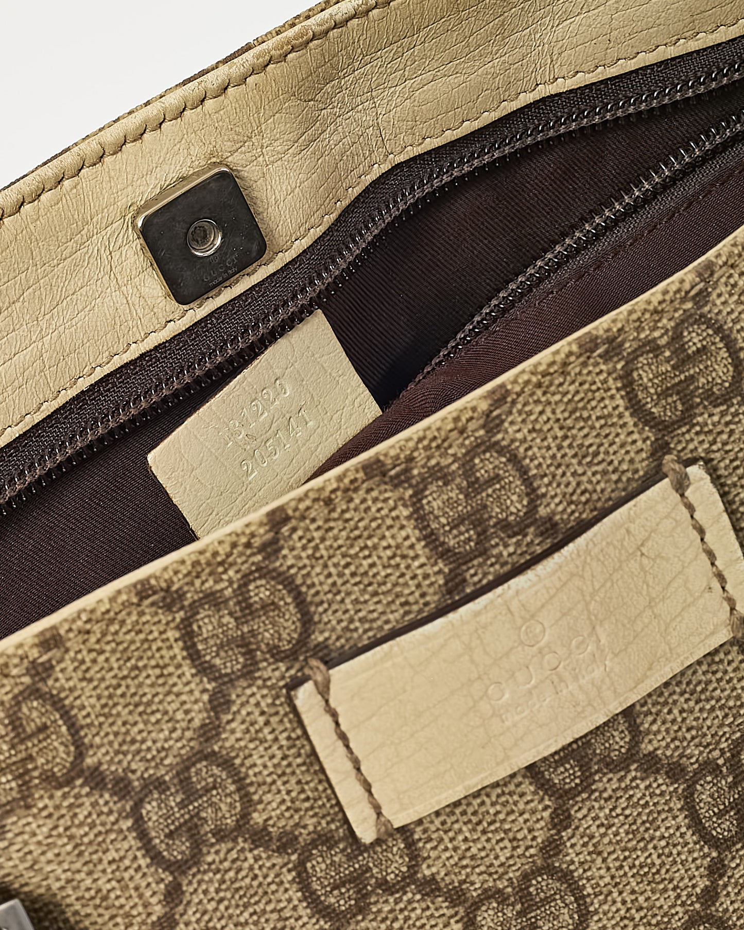 Gucci White Leather and Beige/Brown GG Monogram Supreme Coated Canvas Flat Tote Bag
