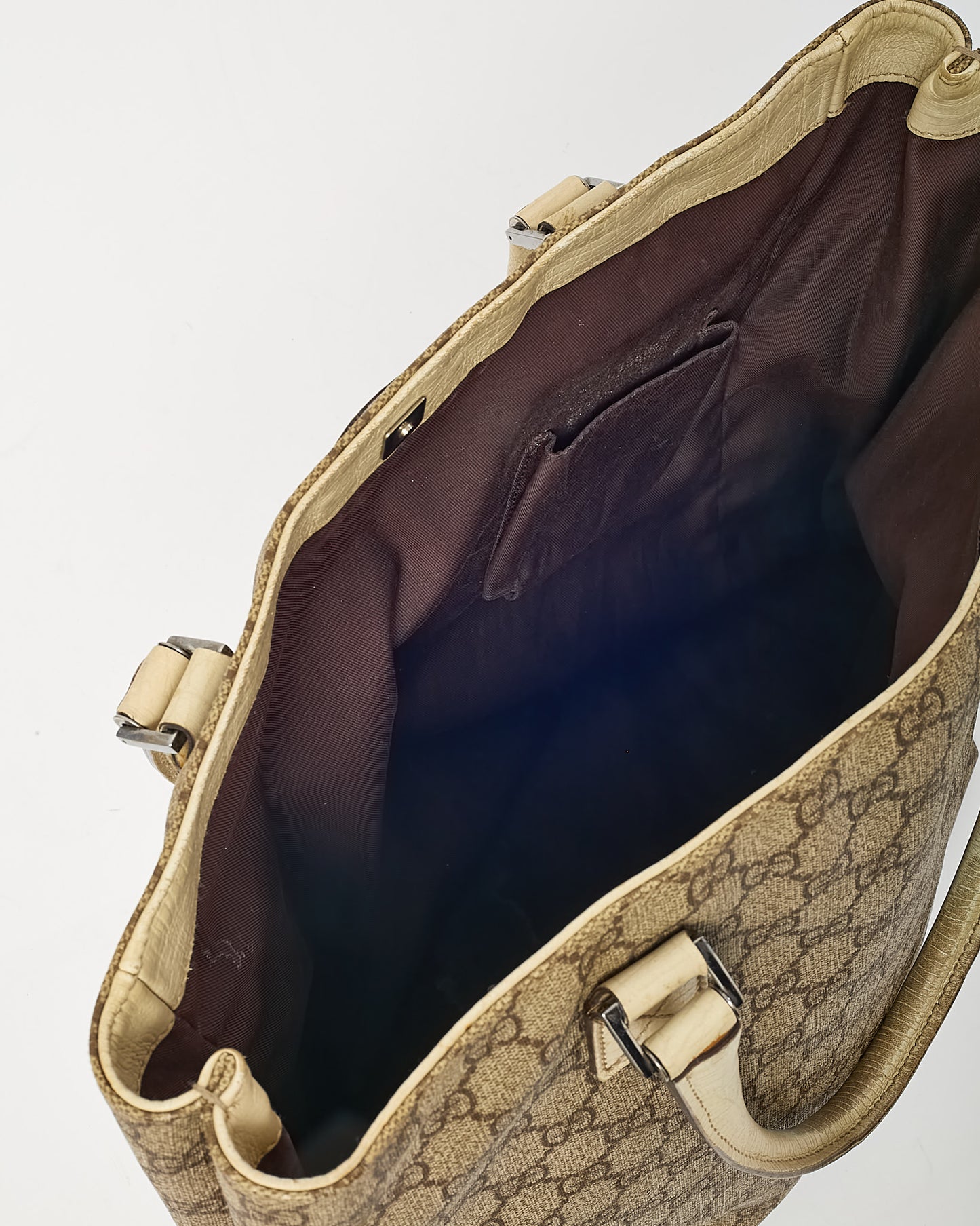 Gucci White Leather and Beige/Brown GG Monogram Supreme Coated Canvas Flat Tote Bag