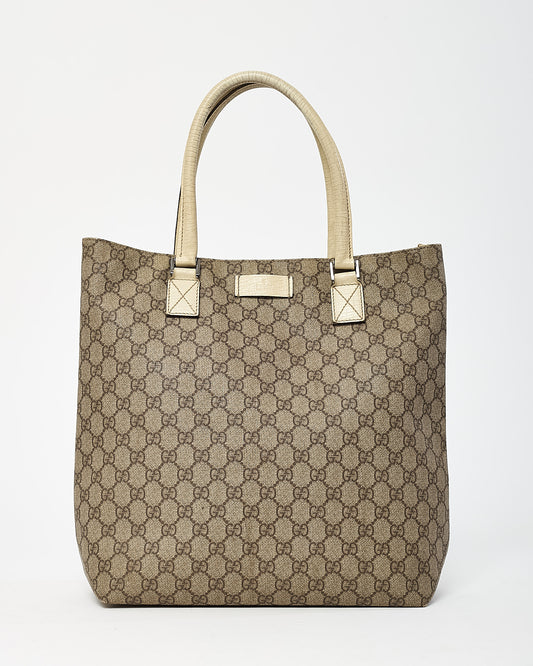 Gucci White Leather and Beige/Brown GG Monogram Supreme Coated Canvas Flat Tote Bag