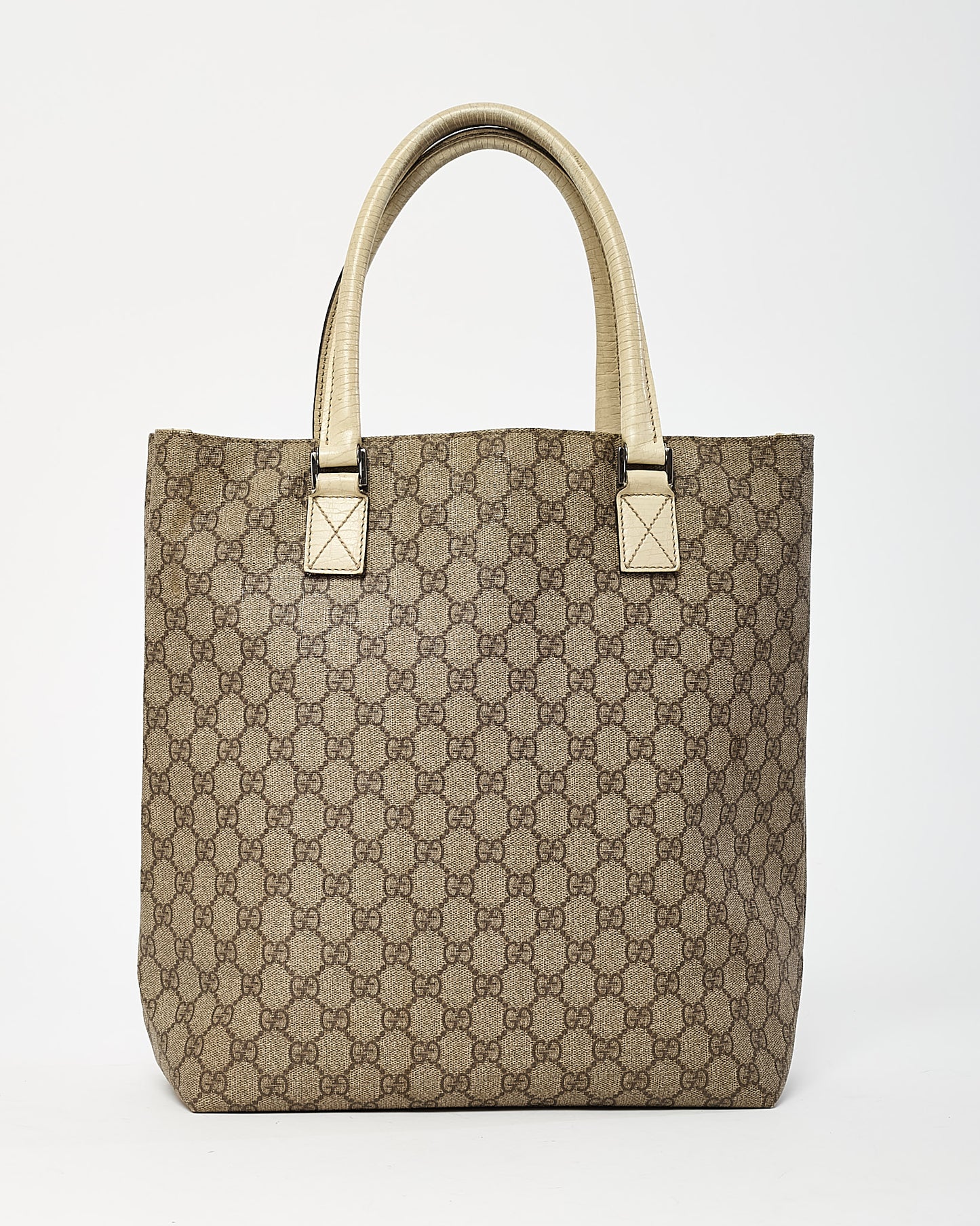 Gucci White Leather and Beige/Brown GG Monogram Supreme Coated Canvas Flat Tote Bag