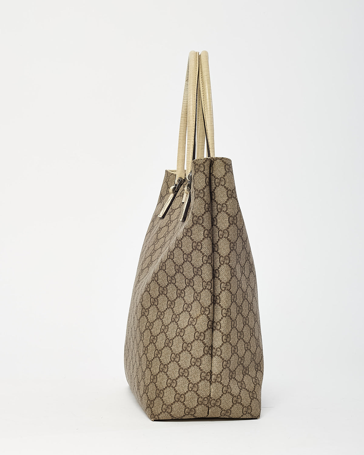 Gucci White Leather and Beige/Brown GG Monogram Supreme Coated Canvas Flat Tote Bag