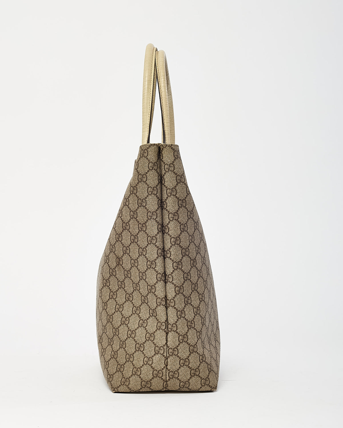 Gucci White Leather and Beige/Brown GG Monogram Supreme Coated Canvas Flat Tote Bag