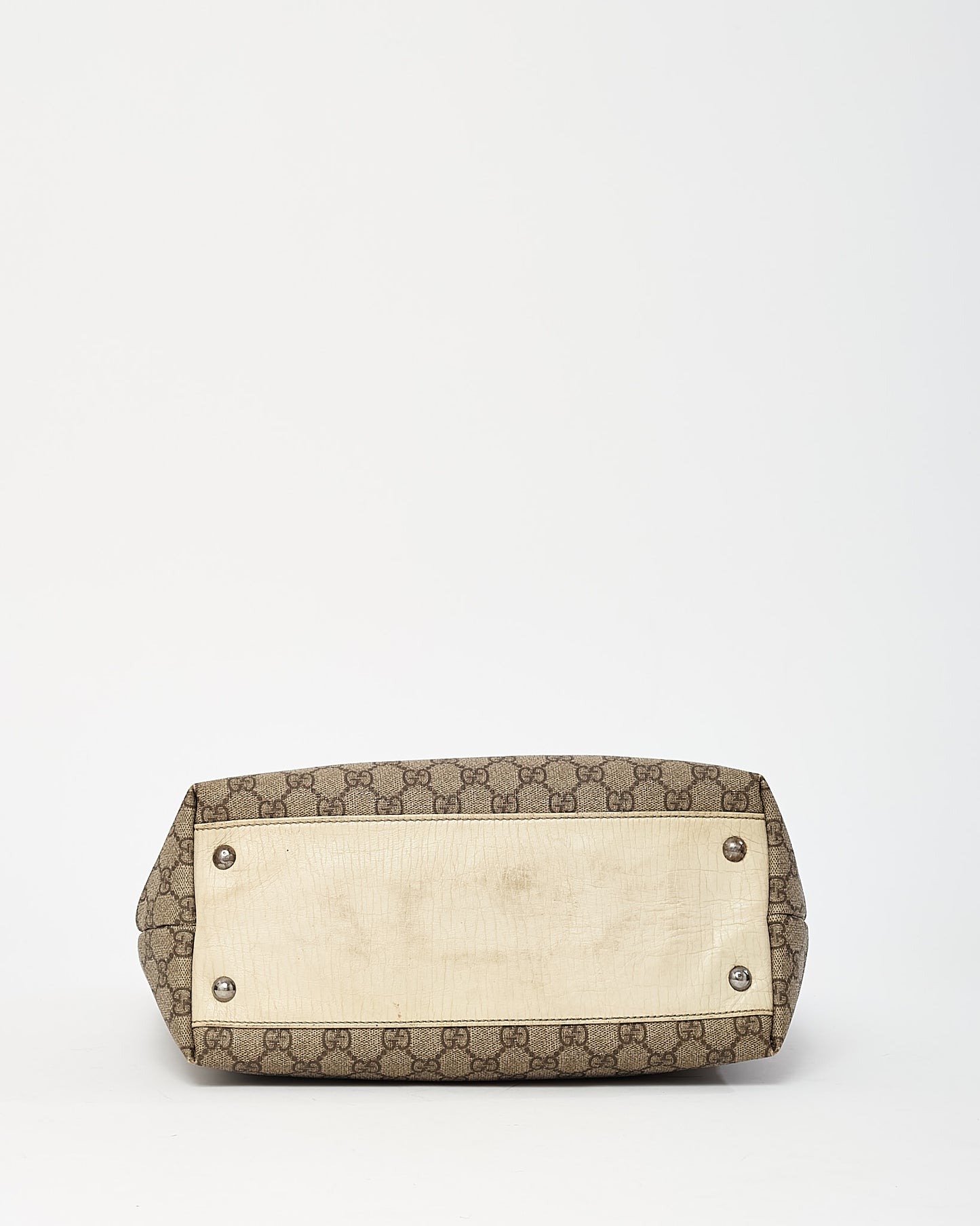 Gucci White Leather and Beige/Brown GG Monogram Supreme Coated Canvas Flat Tote Bag