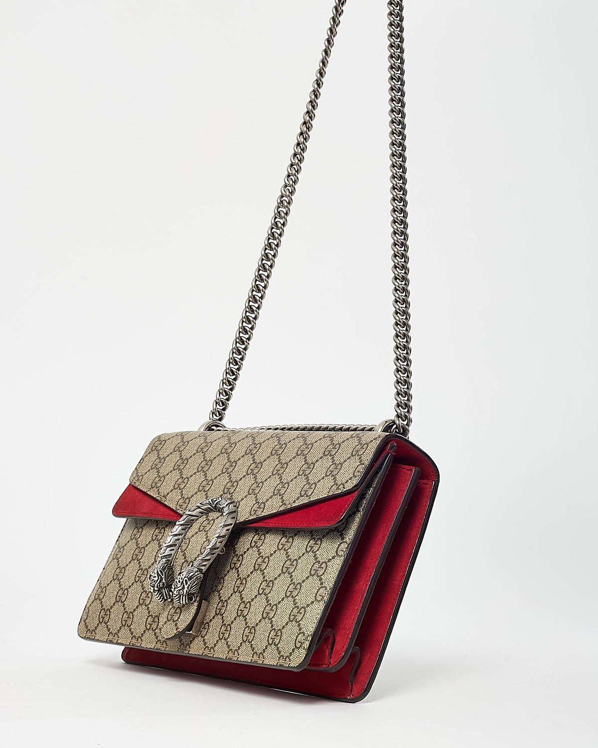 Gucci Beige and Ebony Monogram GG Supreme Canvas and Red Suede Medium Dionysus Shoulder Bag