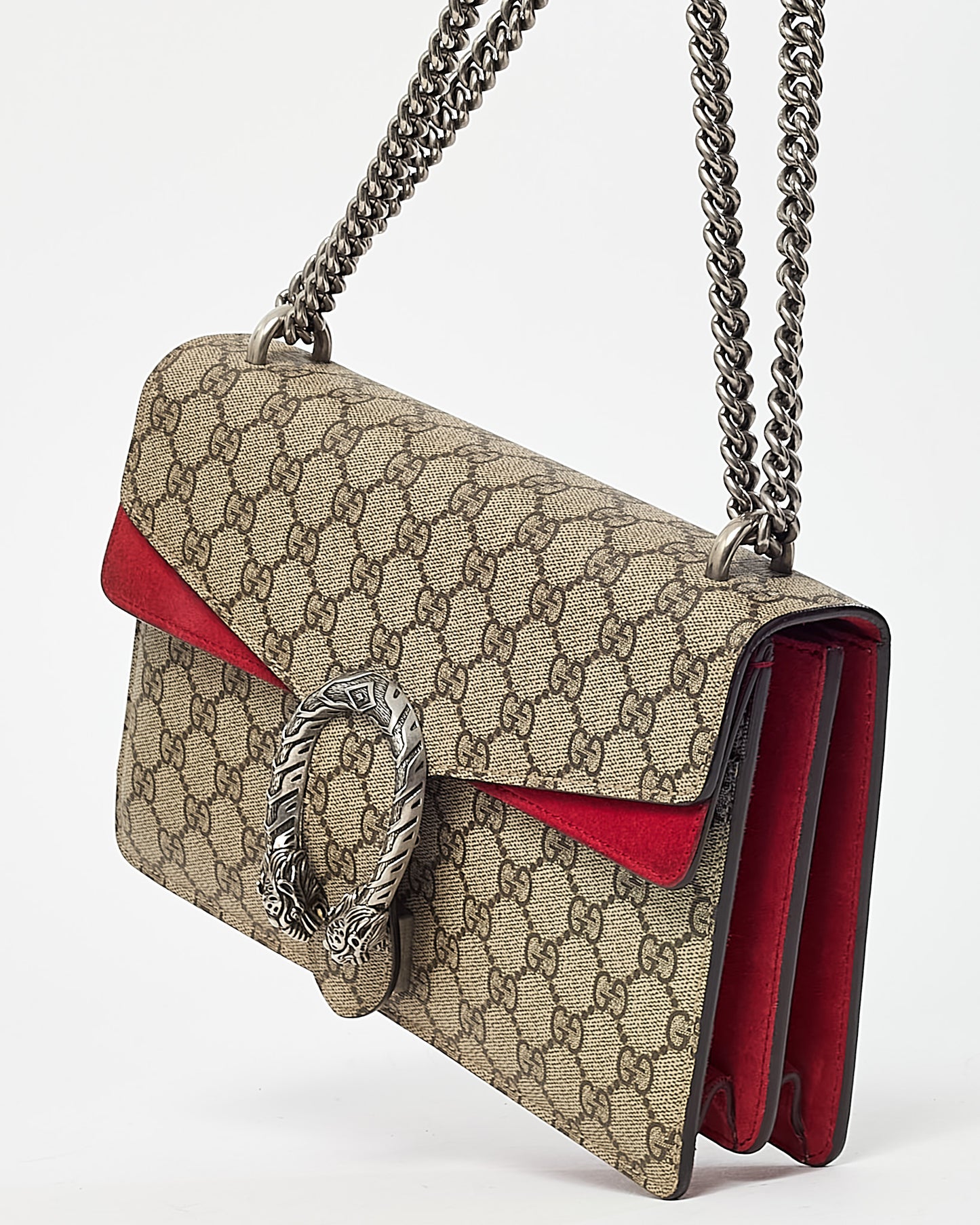 Gucci Beige and Ebony Monogram GG Supreme Canvas and Red Suede Medium Dionysus Shoulder Bag