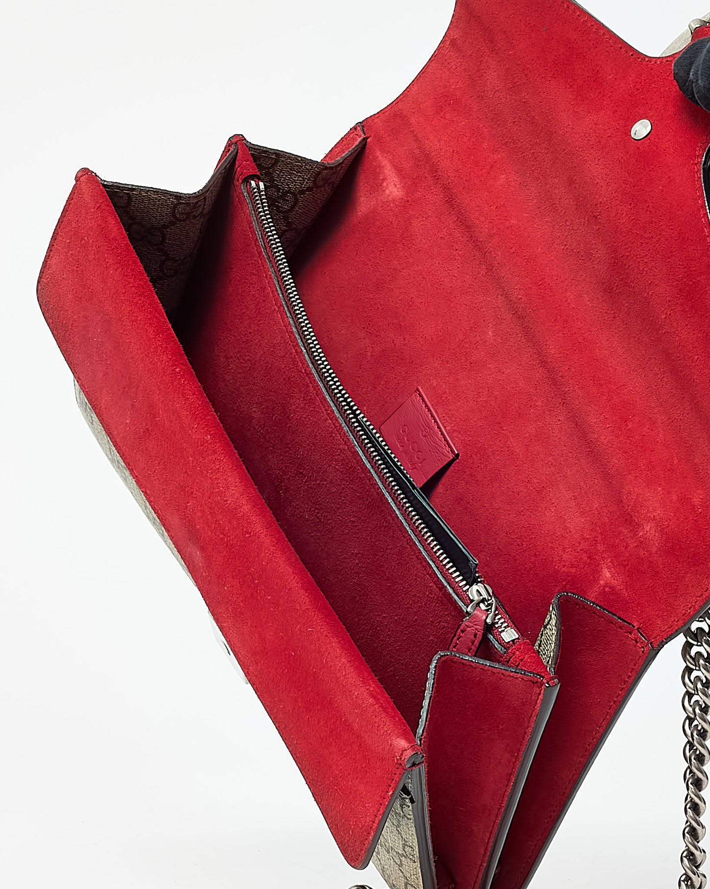 Gucci Beige and Ebony Monogram GG Supreme Canvas and Red Suede Medium Dionysus Shoulder Bag