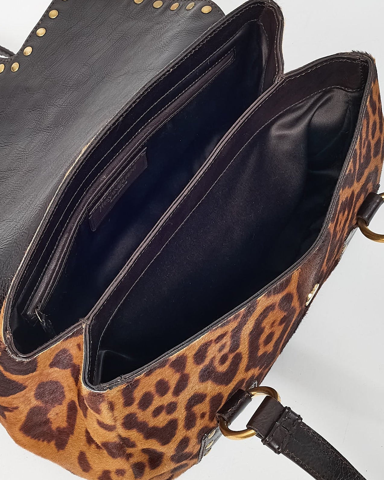 Saint Laurent Vintage Leopard Pony Hair Fur Studded Flap Shoulder Bag