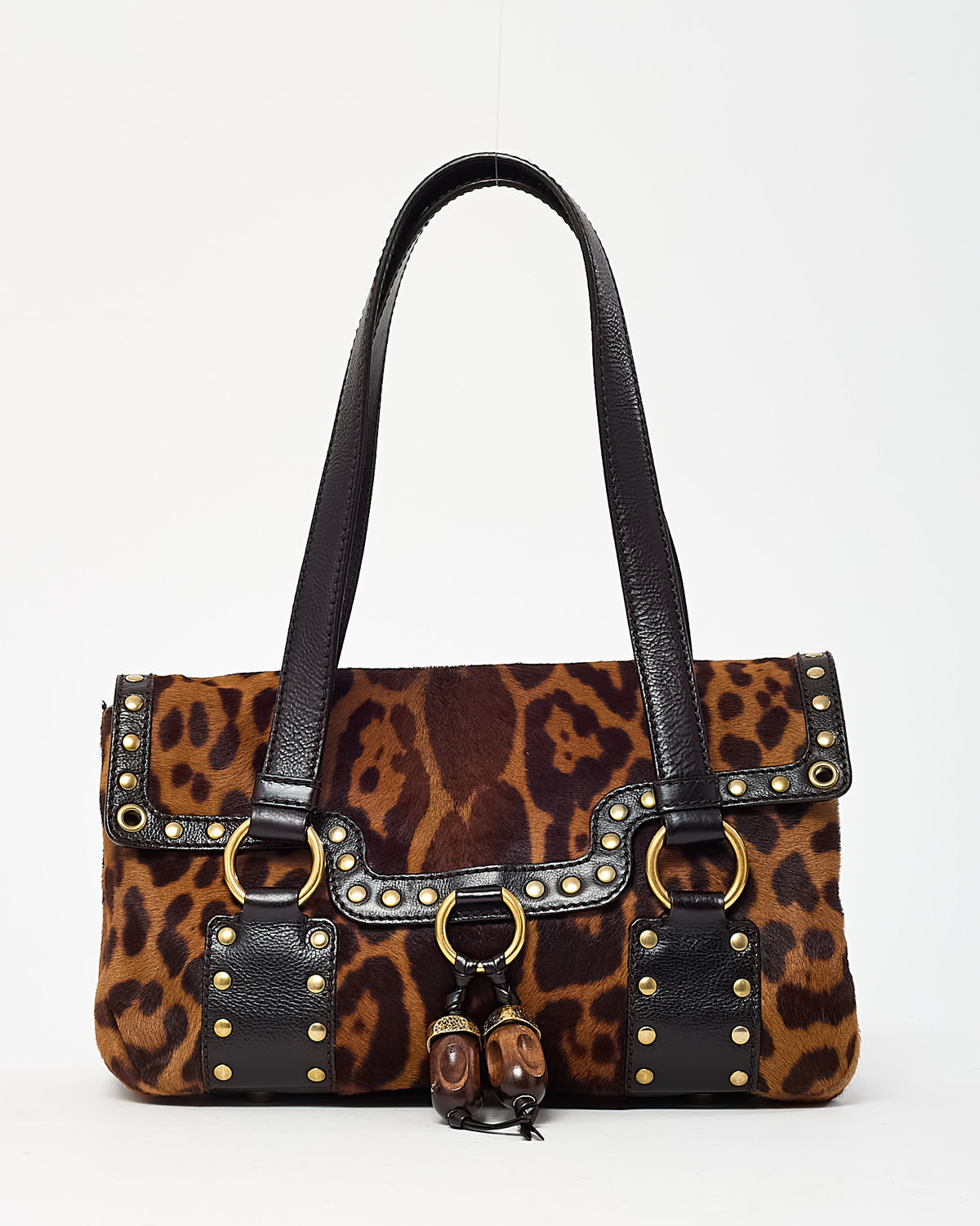 Saint Laurent Vintage Leopard Pony Hair Fur Studded Flap Shoulder Bag