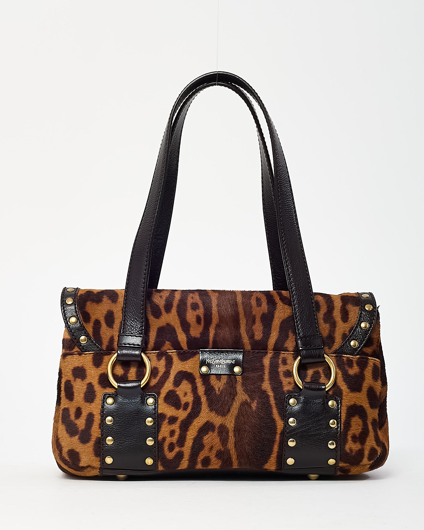 Saint Laurent Vintage Leopard Pony Hair Fur Studded Flap Shoulder Bag
