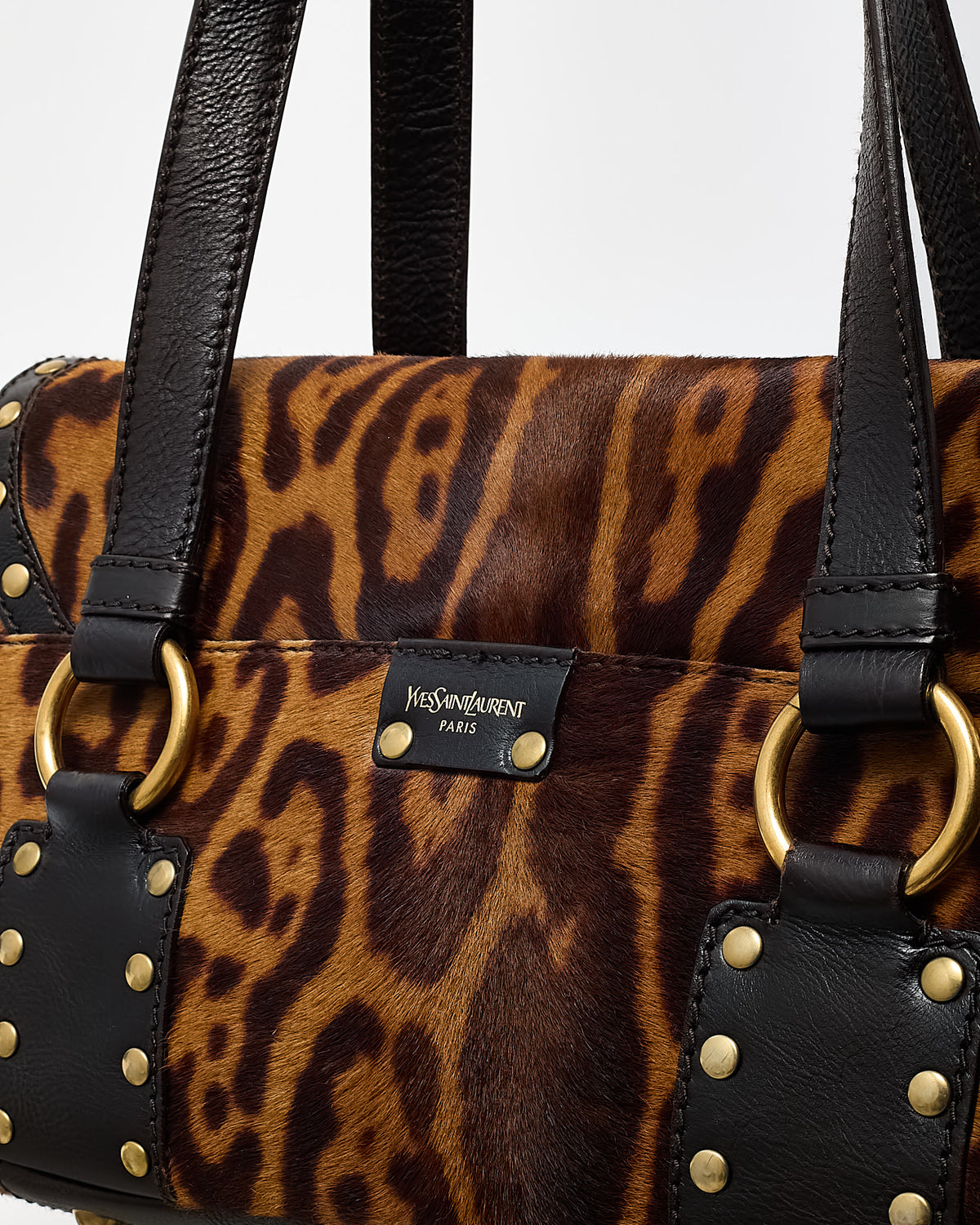 Saint Laurent Vintage Leopard Pony Hair Fur Studded Flap Shoulder Bag