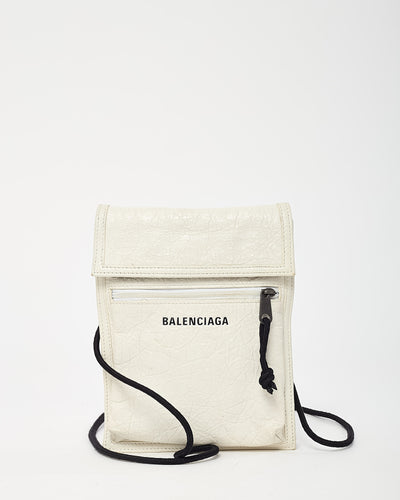 Balenciaga White Leather Logo Small Explorer Pouch on Strap